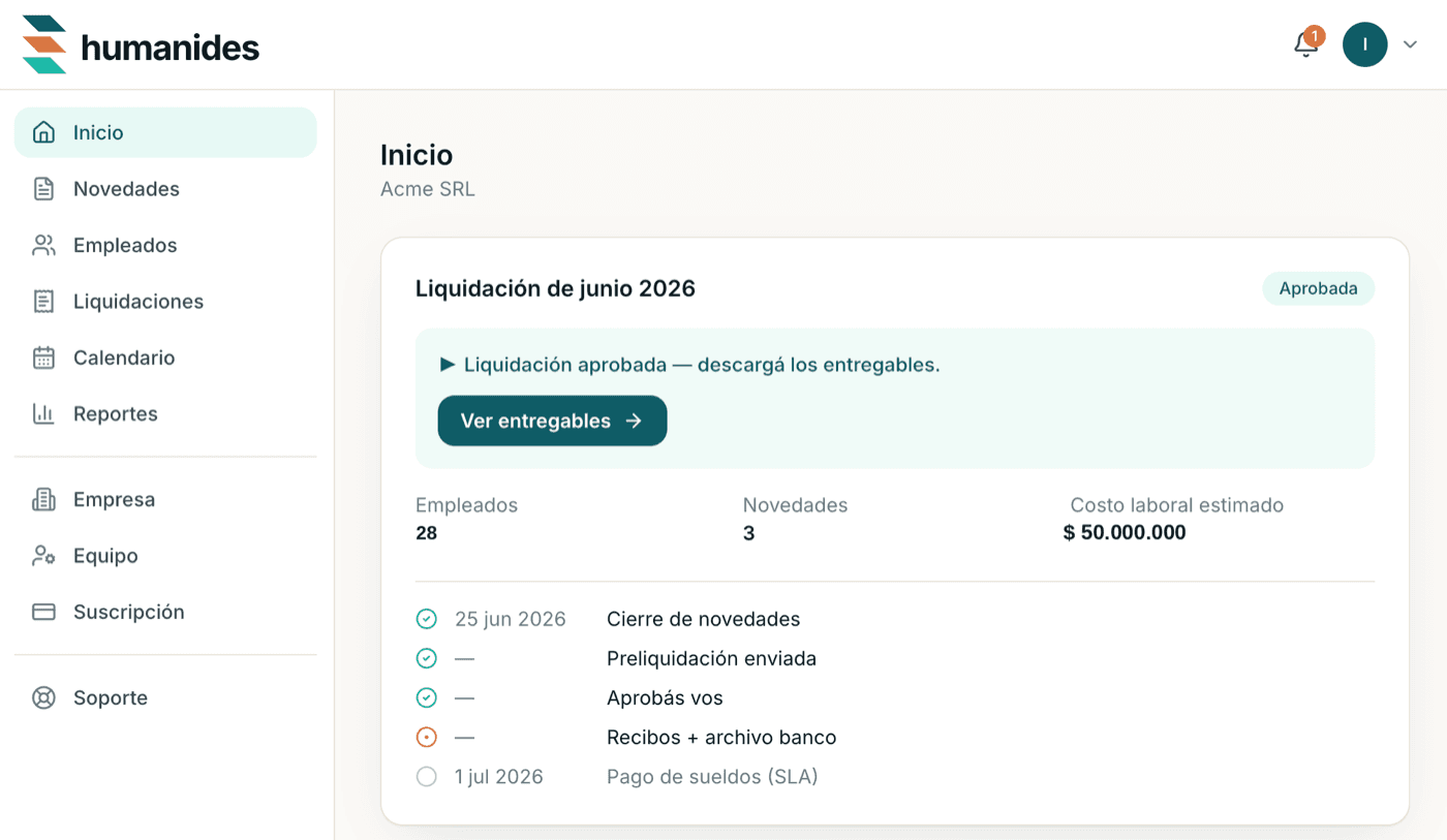 Portal de Humanides: liquidación del mes lista para revisar, aprobar y descargar recibos, F.931 y archivo de banco